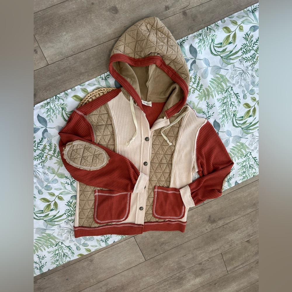New BiBi Women’s Thermal Quilted Waffle Sweater Patchwork Shacket Jacket Size SM - Picture 6 of 16